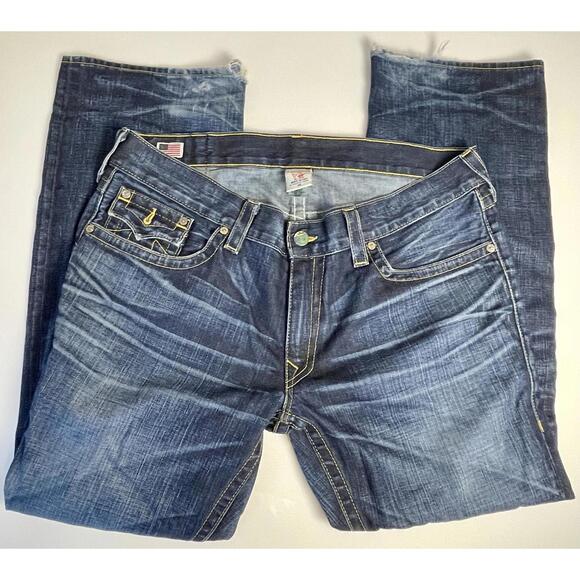 Vintage True Religion- Y2K Skull Patch Dark Wash Straight Leg Jean- Men 40x32 - Picture 1 of 9